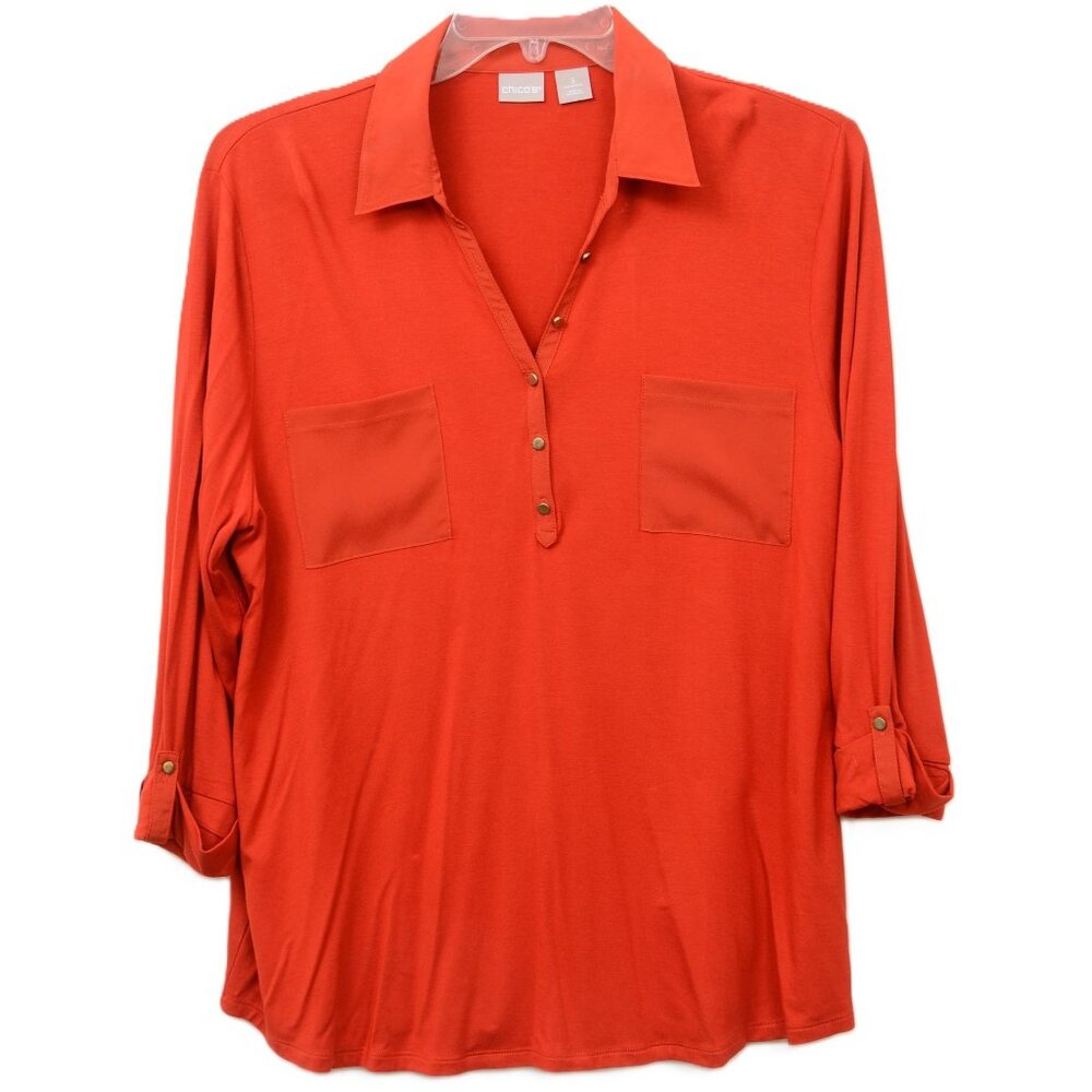 Chico's Plus SIze 3 US XL Button Front Roll Tab Sleeve Tee Shirt Vacation Resort